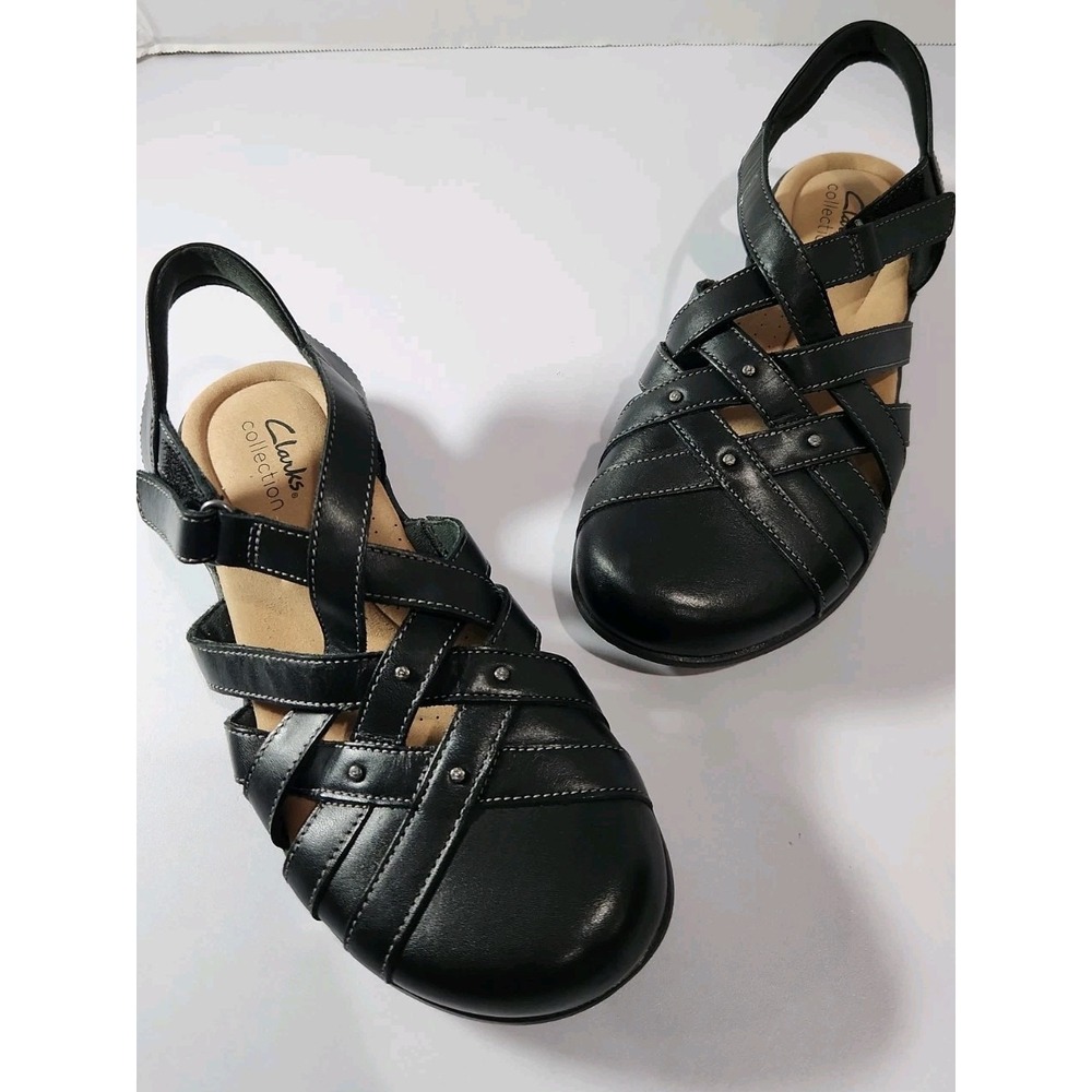 Clarks Collection Elizabelle Sea Black Leather Strappy Sandals Womens 7 M